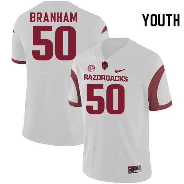 Youth #50 Kobe Branham Arkansas Razorbacks College Football Jerseys Stitched-White